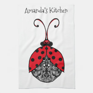 Red black and white line tangle ladybug kitchen towel