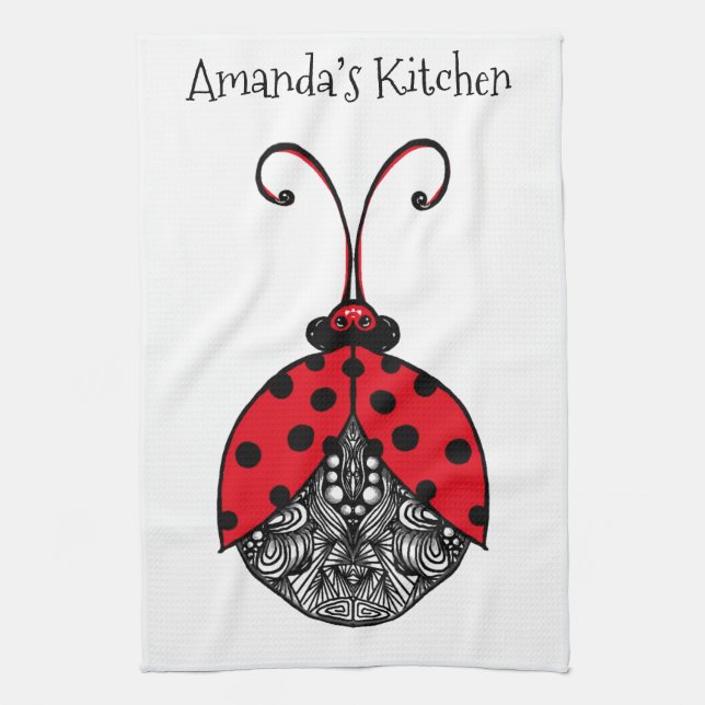 Red black and white line tangle ladybug kitchen towel (Vertical)