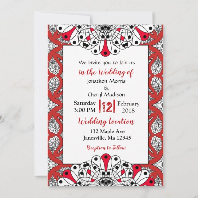 Red, Black and White Mandala Wedding Invitations (Front)