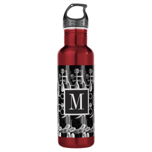 Red Black and White Monogram Clarinet Stainless Steel Water Bottle