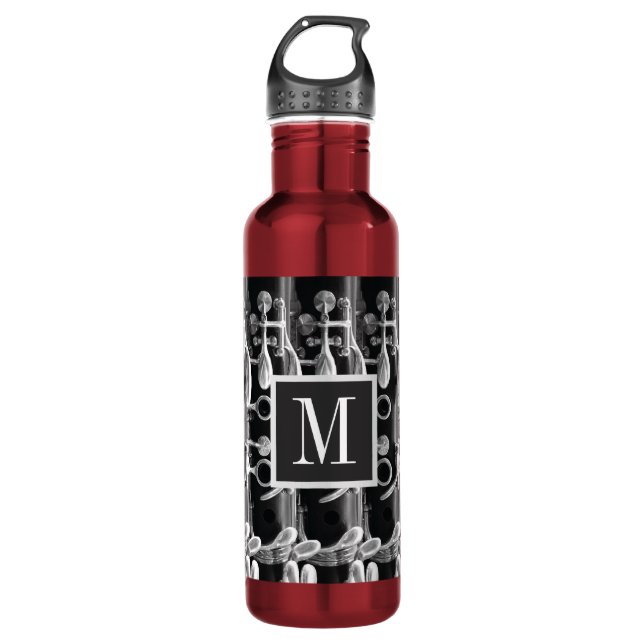 Red, Black, and White Monogram Clarinet Stainless Steel Water Bottle (Front)