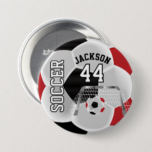 Red, Black and White Personalize Soccer Ball Button