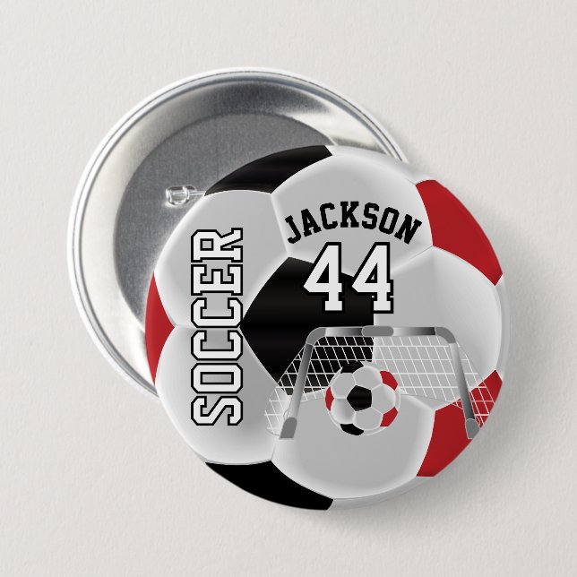Red, Black and White Personalize Soccer Ball Button (Front & Back)