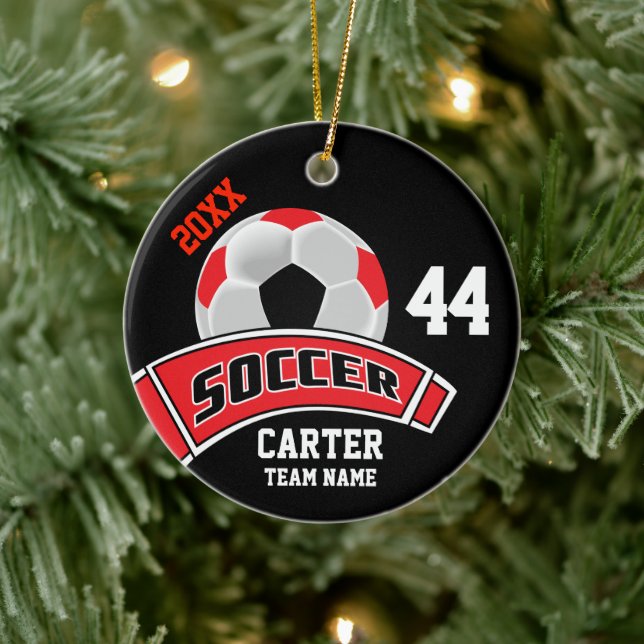 Red, Black and White Personalize Soccer  ⚽ Ceramic Ornament (Tree)