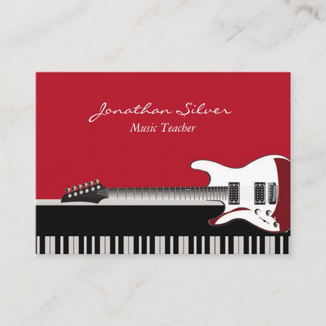 Red Black and White Piano & Guitar Music Teacher Business Card (Front)