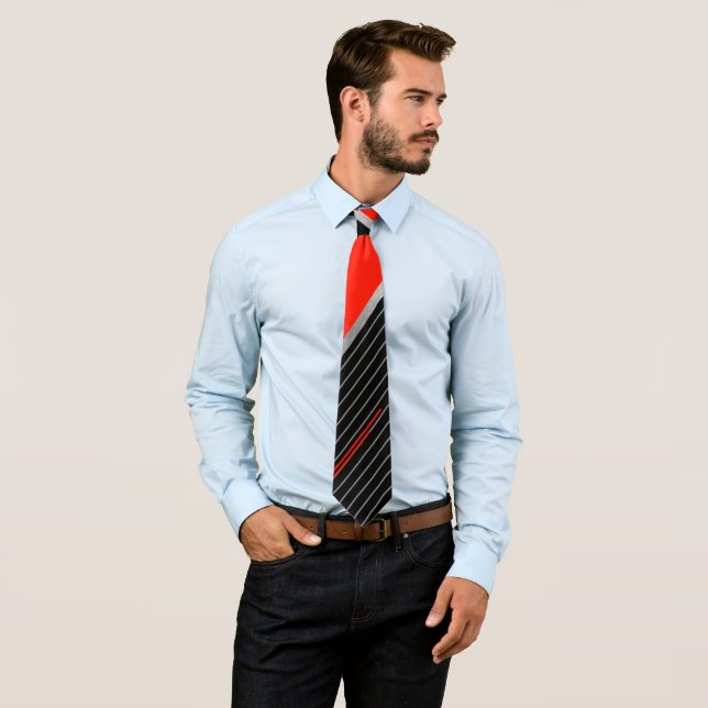 Red, black, and white pinstripe neck tie (In Situ)