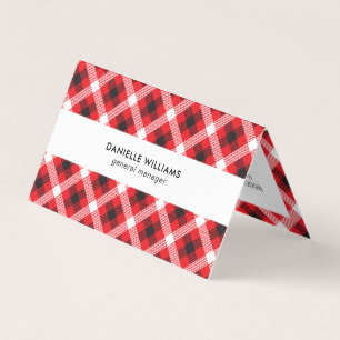 Red black and white plaid pattern business card