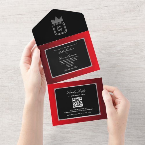 Red Black and White QR Code Wedding All In One Invitation