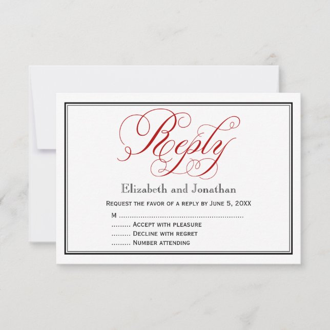 Red Black and White Script Wedding Reply Card (Front)