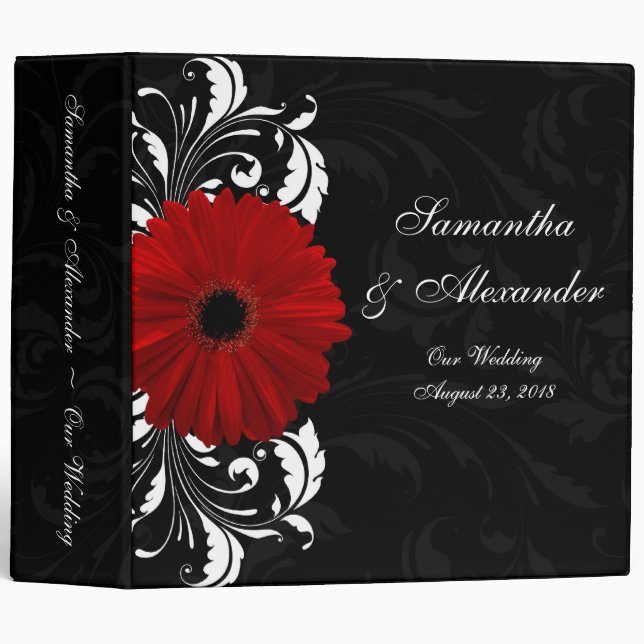 Red, Black and White Scroll Gerbera Daisy 3 Ring Binder (Front/Spine)