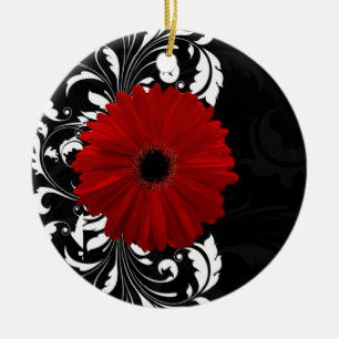 Red, Black and White Scroll Gerbera Daisy Ceramic Ornament