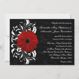 Red, Black and White Scroll Gerbera Daisy Invitation