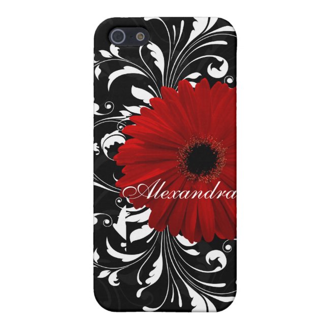 Red, Black and White Scroll Gerbera Daisy iPhone Case (Back)