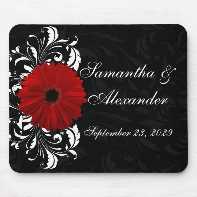 Red, Black and White Scroll Gerbera Daisy Mouse Pad (Front)