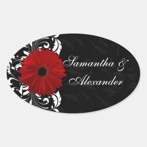 Red Black and White Scroll Gerbera Daisy Oval Sticker