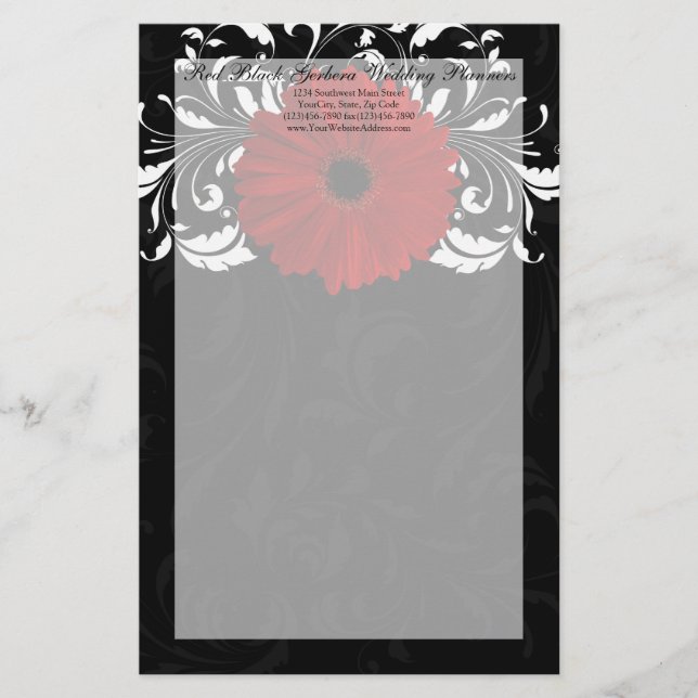 Red, Black and White Scroll Gerbera Daisy Stationery (Front)