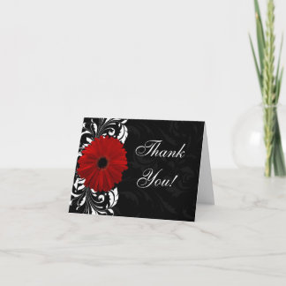 Red, Black and White Scroll Gerbera Daisy Thank You Card
