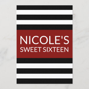 Red Black And White  Striped Sweet 16 Birthday Invitation