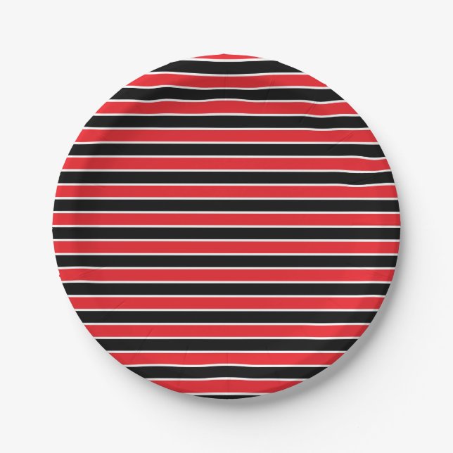 Red, Black and White Stripes Paper Plates (Front)