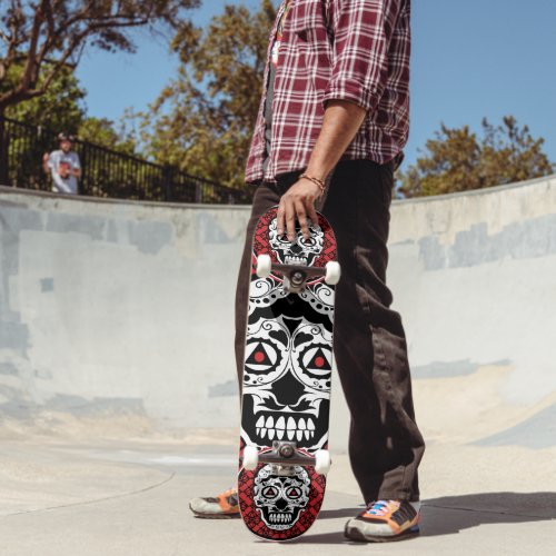 Red Black and white sugar skull style design Skateboard