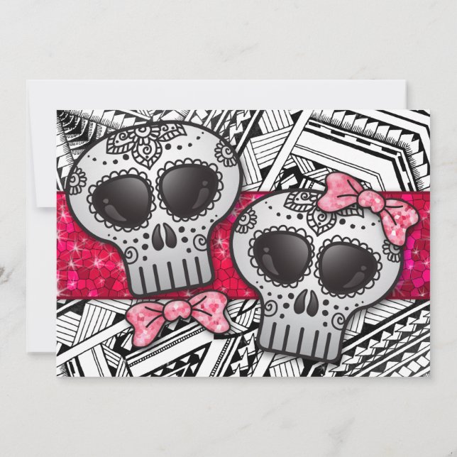 Red Black and White Sugar Skull Wedding Glitter Invitation (Back)