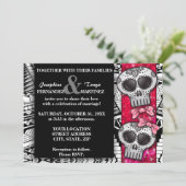 Red Black and White Sugar Skull Wedding Glitter Invitation (Standing Front)