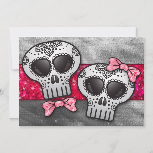 Red Black and White Sugar Skull Wedding Glitter Invitation