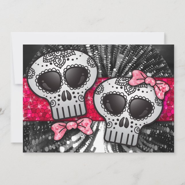 Red Black and White Sugar Skull Wedding Glitter Invitation (Back)