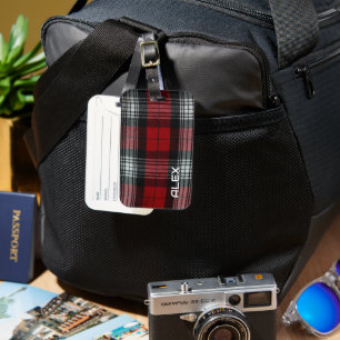 Red Black and White Tartan – Classic Plaid Fabric Luggage Tag