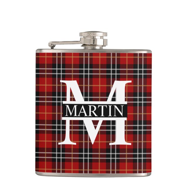 Red Black and White Tartan Plaid Monogrammed Flask (Front)