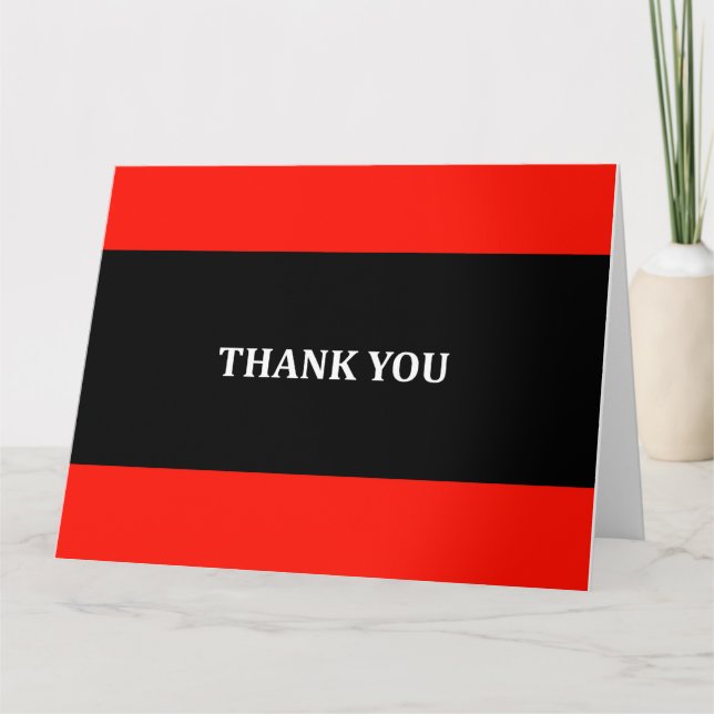 Red, black and white text Thank you greeting card. (Front)