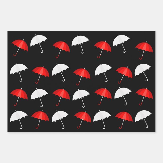 Red, Black and White Umbrellas Patterns Wrapping Paper Sheets (Front)