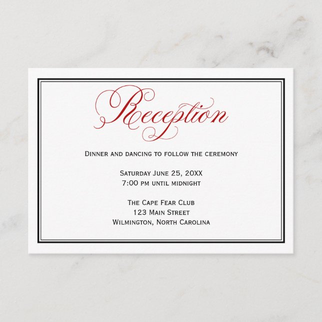 Red Black and White Wedding Reception Details Card (Front)