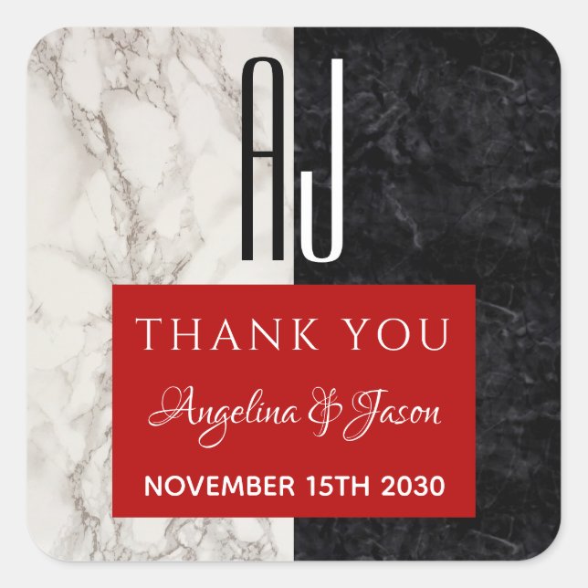 Red Black and White Wedding Thank You Square Sticker (Front)