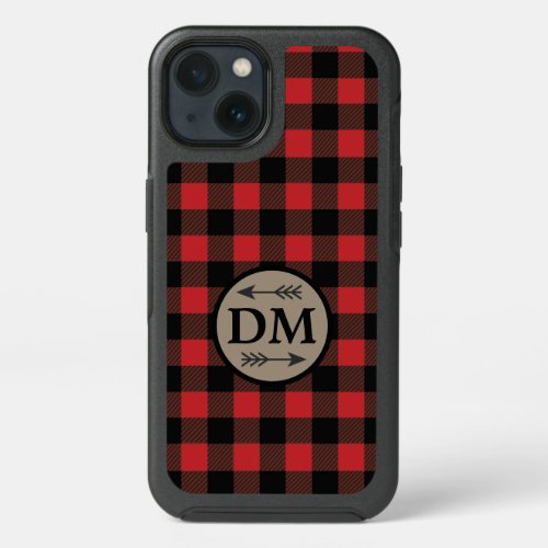 Red Black Arrow Buffalo Plaid Monogram iPhone 13 Case