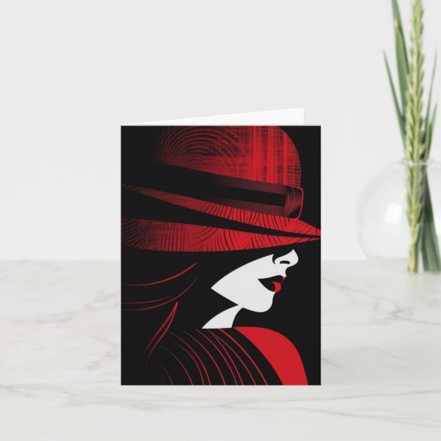 Red & Black Art Deco Lady in Hat Holiday Card (Front)
