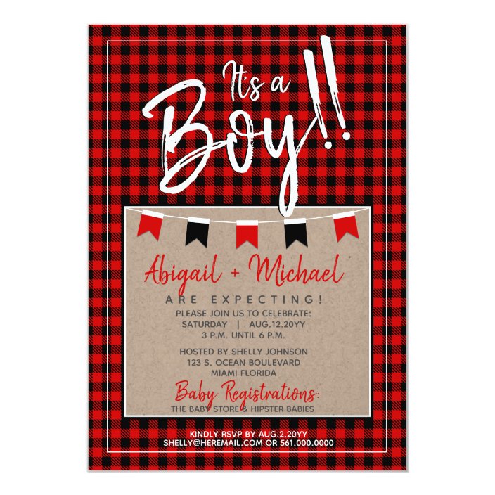 red plaid baby shower invitations