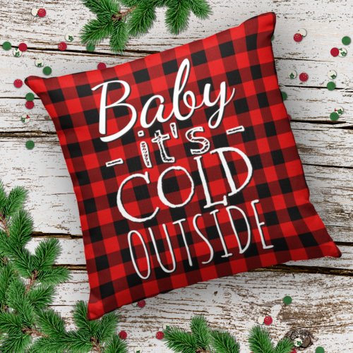 Red Black Baby Its Cold Outside Plaid Pattern Throw Pillow