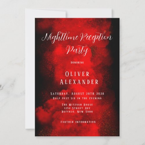 Red Black Bar Mitzvah Nighttime Reception Party In Invitation
