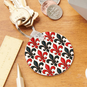 Red Black Baroque Fleur-de-lis Pattern Design Keychain