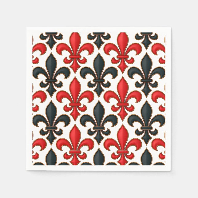 Red Black Baroque Fleur-de-lis Pattern Design  Napkins (Front)