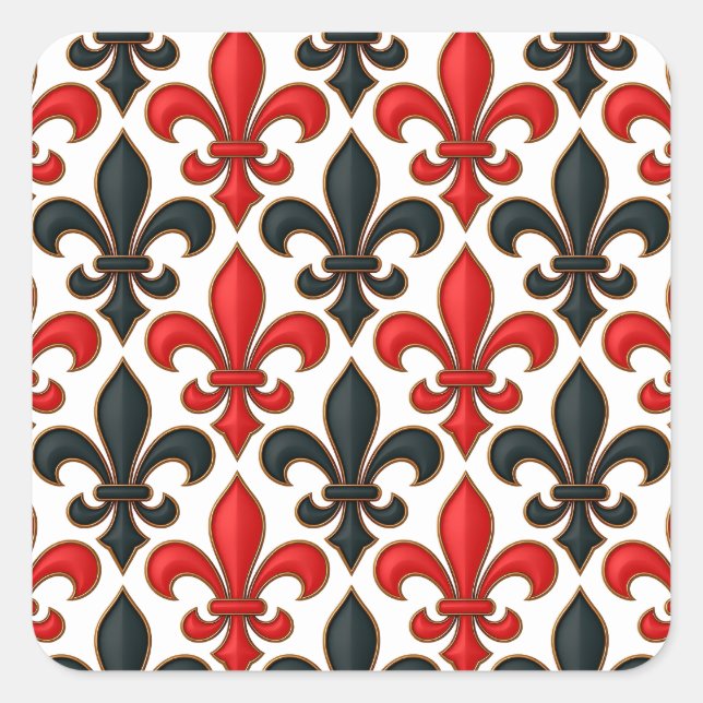 Red Black Baroque Fleur-de-lis Pattern Design  Square Sticker (Front)