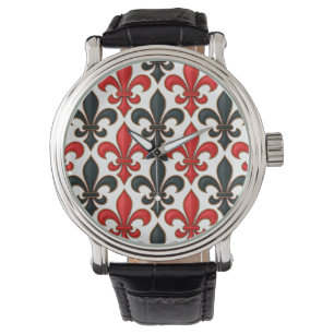 Red Black Baroque Fleur-de-lis Pattern Design Watch
