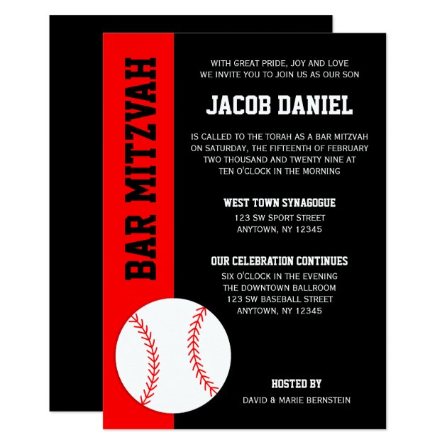 Red Black Baseball Bar Mitzvah Invitation