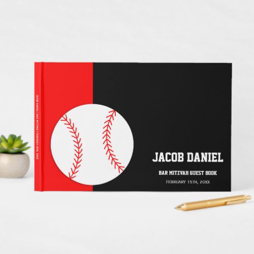 Red Black Baseball Bar Mitzvah Guest Book