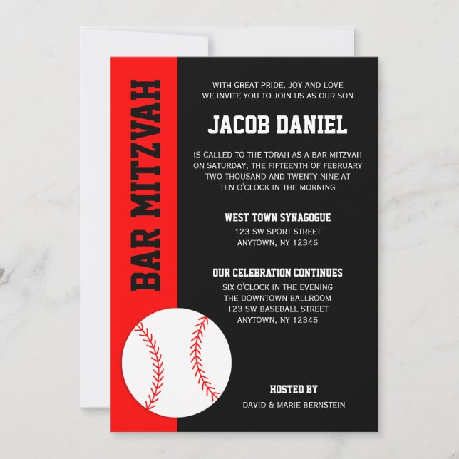 Red Black Baseball Bar Mitzvah Invitation (Front)