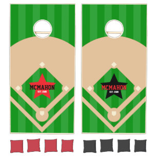 Red & Black Baseball Field Personalized Cornhole Set