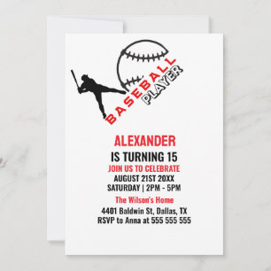 Red Black Baseball Girl Boy Birthday Party Invitation