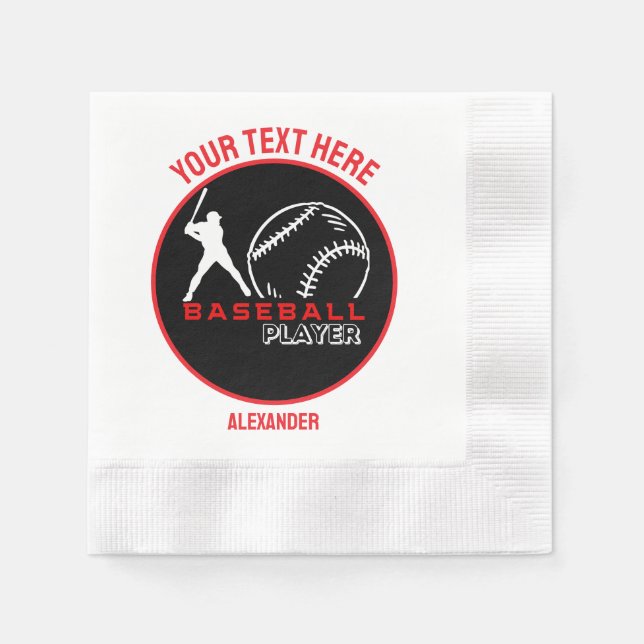Red Black Baseball Girl Boy Birthday Party Napkins (Front)