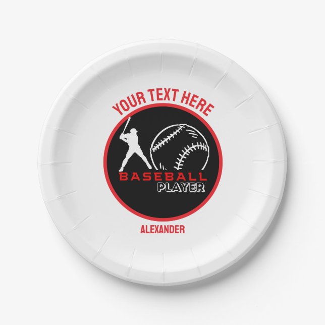 Red Black Baseball Girl Boy Birthday Party Paper Plates (Front)